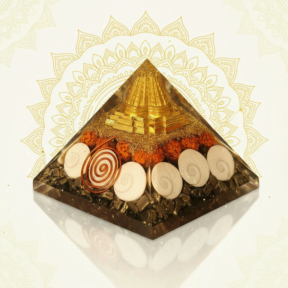 Full-view Laxmi Orgonite Pyramid with golden glow, subtle Indian mandala background, spiritual energy aura, premium e-commerce product image.