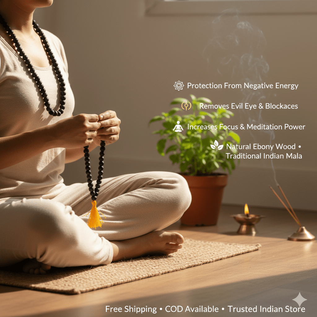 Karungali Mala and Bracelet lifestyle shot for meditation and yoga use