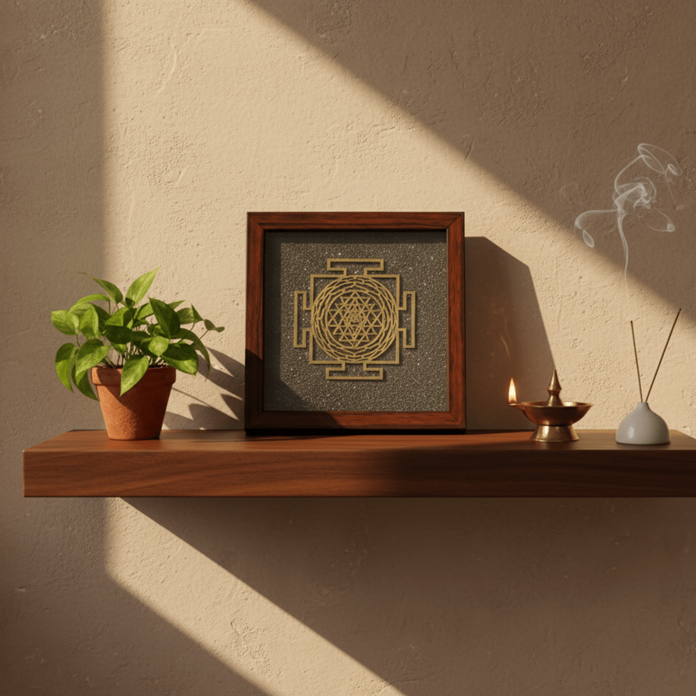 Shree Yantra On Raw Pyrite Frame - Marvelous Crystals