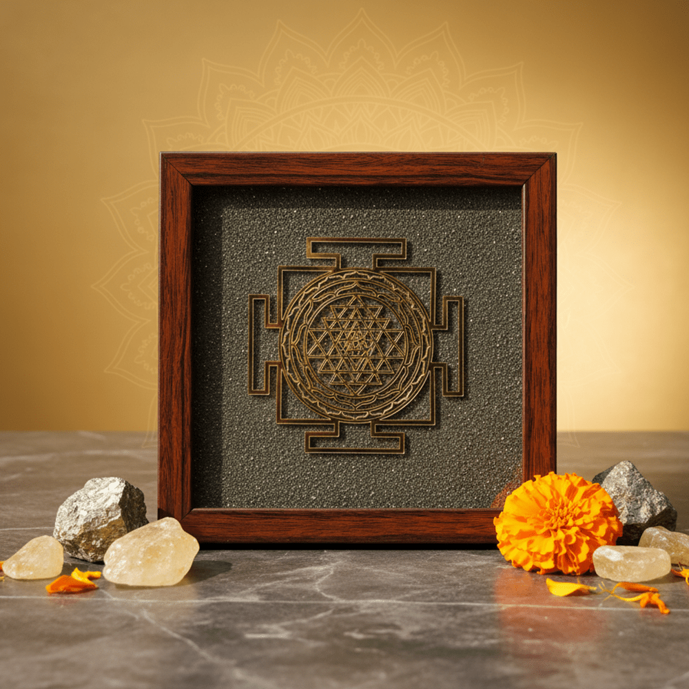 Shree Yantra On Raw Pyrite Frame - Marvelous Crystals