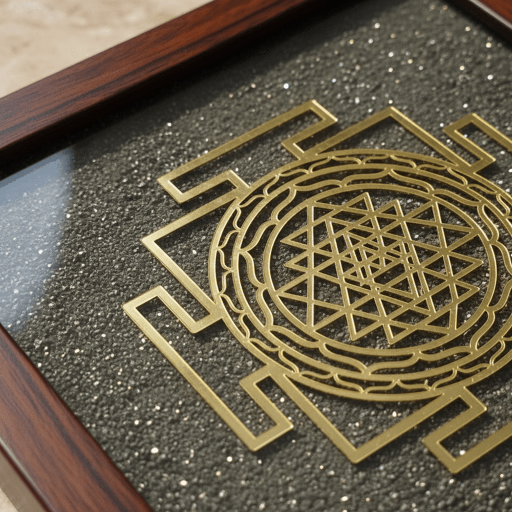 Shree Yantra On Raw Pyrite Frame - Marvelous Crystals